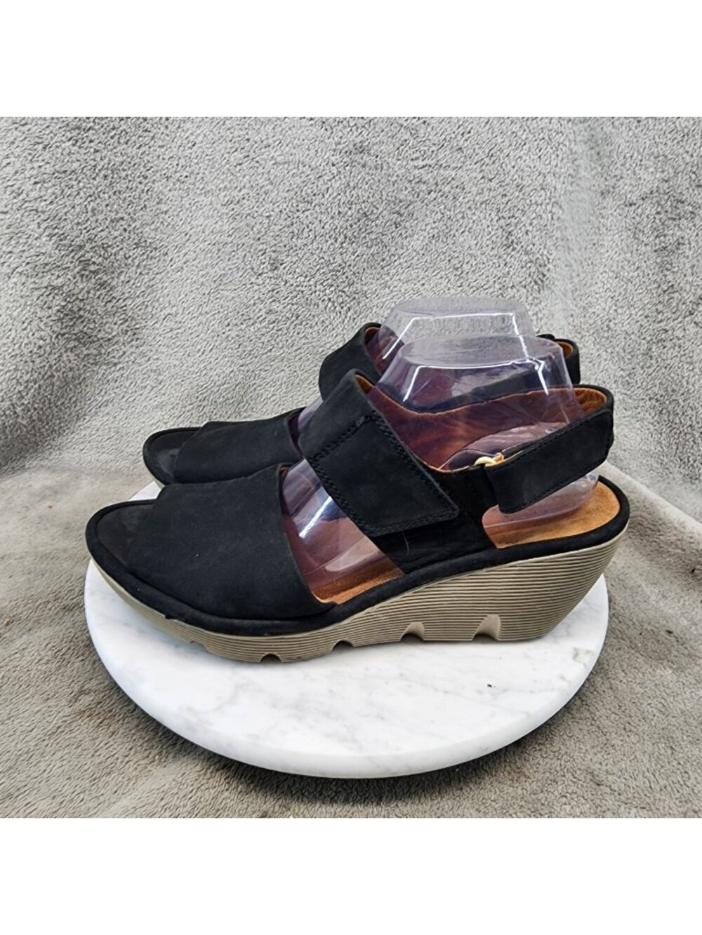 Clarks Shoes Womens Size 10 Black Nubuck Clarene Aluure Wedge Sandals *Read*